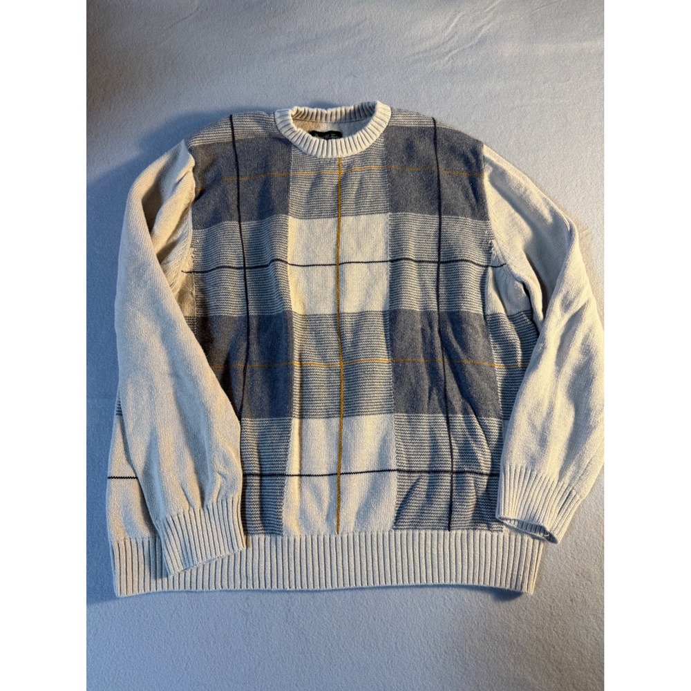 David Taylor Collection Mens Large Plaid Crew Neck Sweater Cream Grey Blue